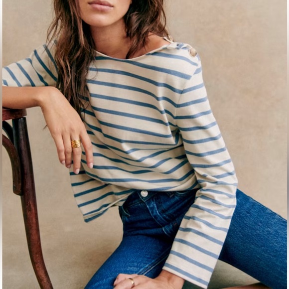 Sezane Colette Mariniere Long-Sleeved in Vintage Blue and Ecru Organic Cotton - Picture 2 of 6
